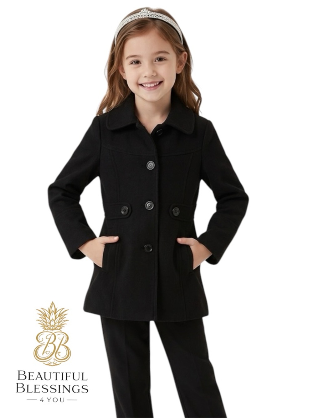George Kids Classic Black Pea Coat with Button Front - Size M 7/8
